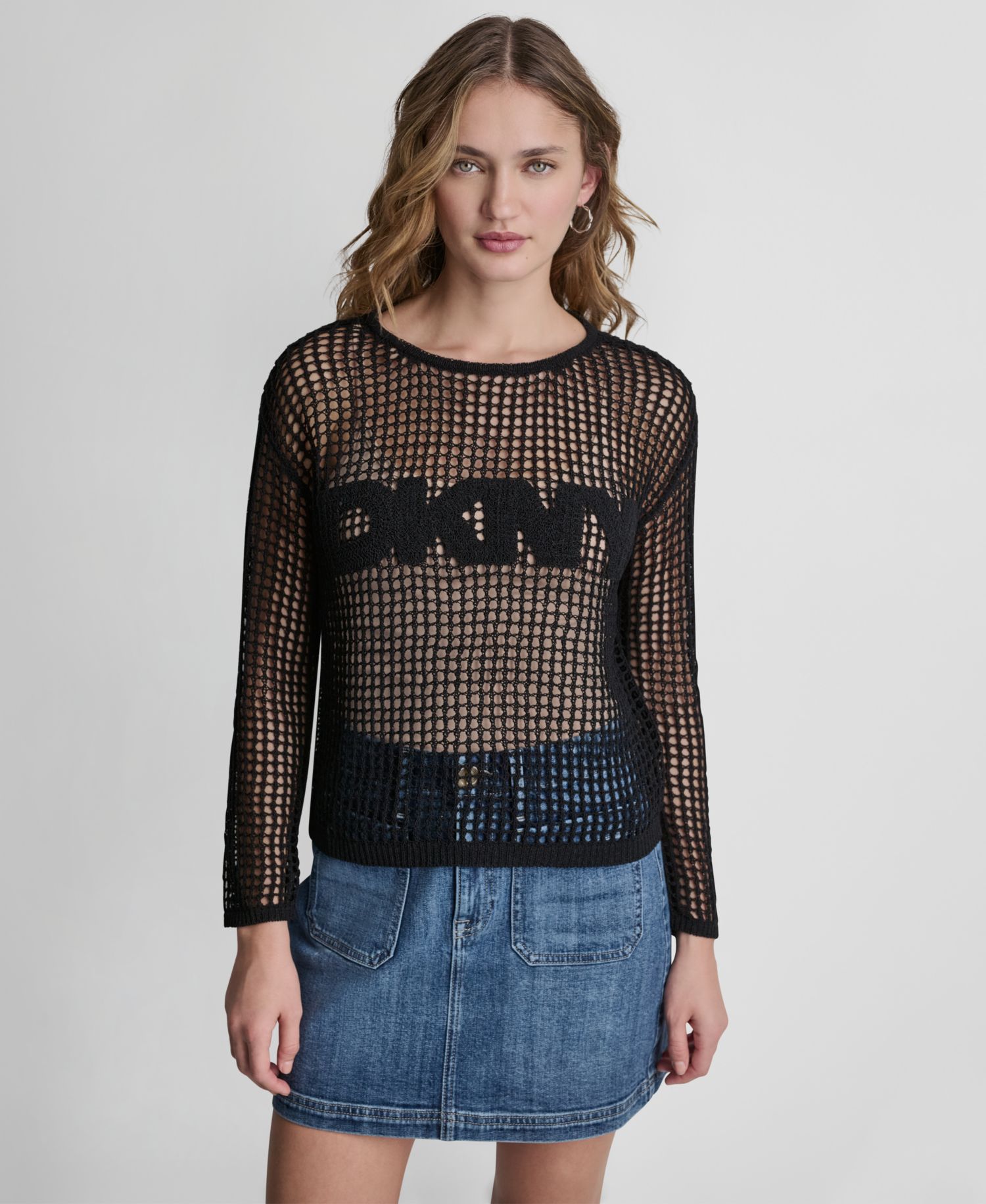 Petite Long-Sleeve Pointelle Crochet Open-Stitch Boat Neck Logo Sweater