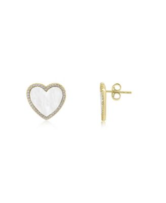 Large Mother of Pearl CZ Halo Heart Stud Earrings 14K Gold-Plated Sterling Silver
