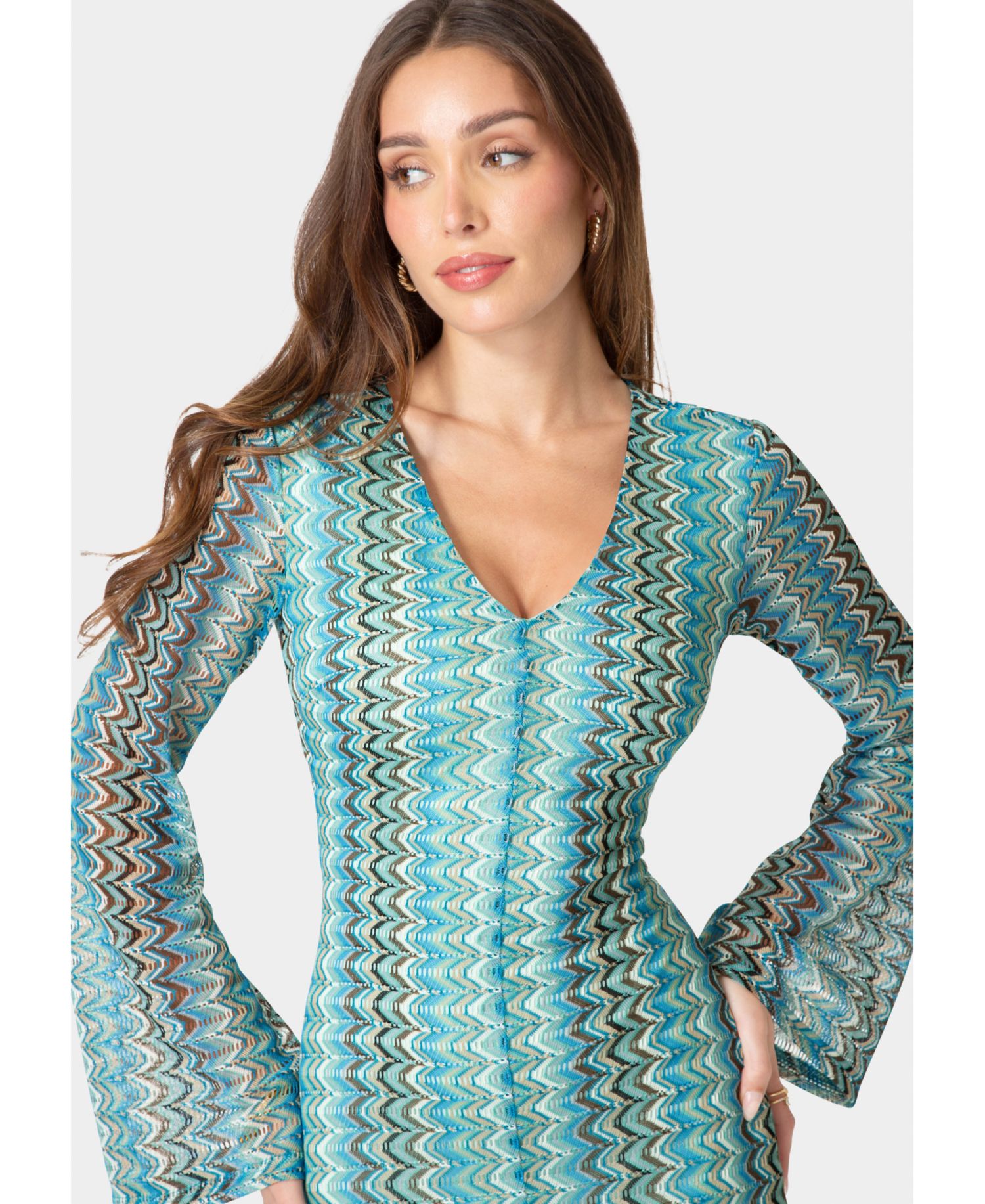 Women's Crochet Stripe Bell Sleeve Maxi Dress