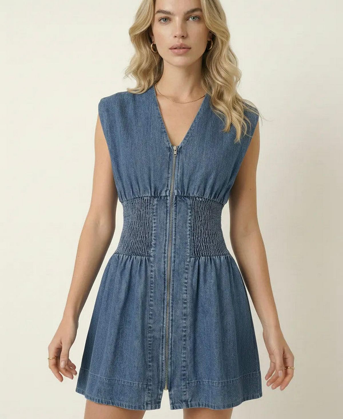 Modenaire Women's Denim Cap-Sleeve Smocked-Waist Mini Dress view 4 — MAYCSS fashion products