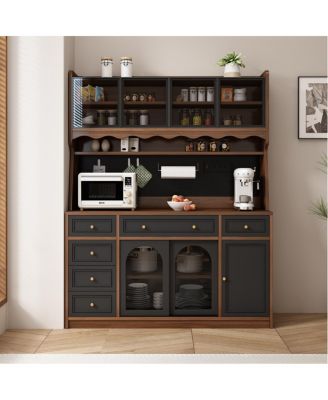63'' Buffet Storage Cabinet with Hutch, Coffee Bar, 6 Drawers and Power Outlet