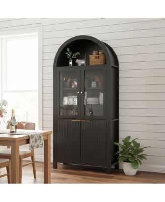 71" Fluted Arched Pantry Cabinet with Adjustable Shelves and Glass Door