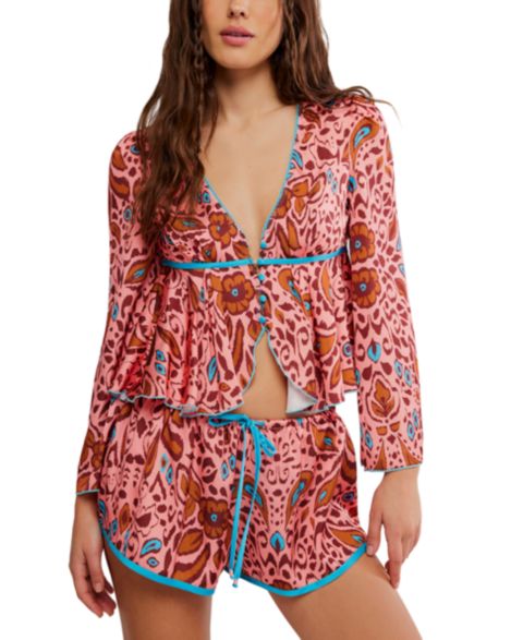 Женский комплект Free People Bed to Brunch: топ с V-образным вырезом и шорты, 2 предмета, цвет: Лососевый розовый комбинированный