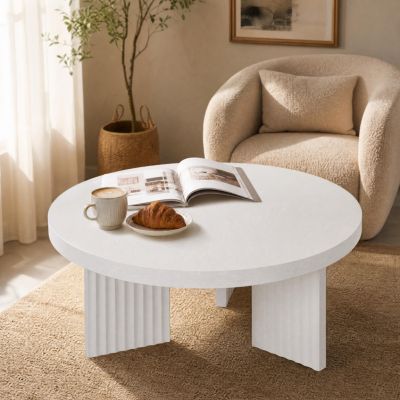  Round Coffee Table, Circle Center Table with Fluted Legs and Thick Top, Accent Cocktail Tables for Living Room, Bedroom, Easy Assembly