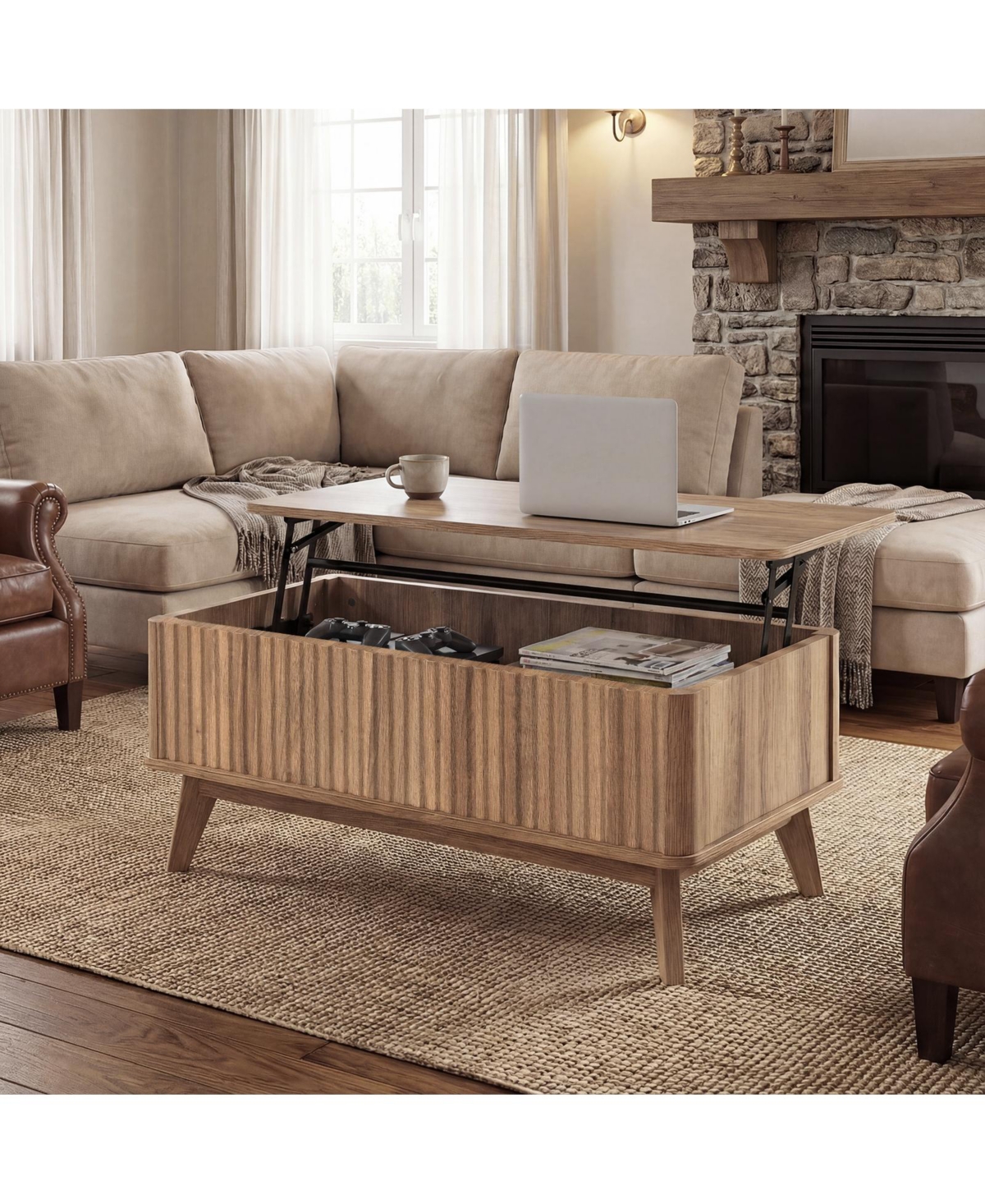 Gymax Fluted Lift Top Coffee Table with Lift Tabletop Hidden Compartments for Home