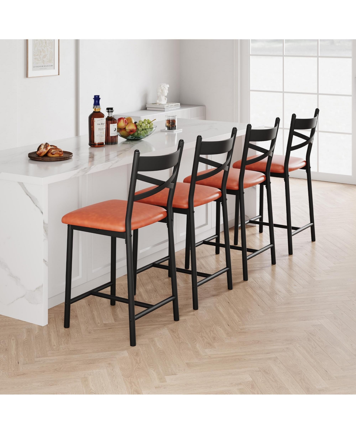 homfan Set of 4 Modern Counter Height Dining Chairs with Backrest – Metal Frame, Upholstered Seat, Footrest