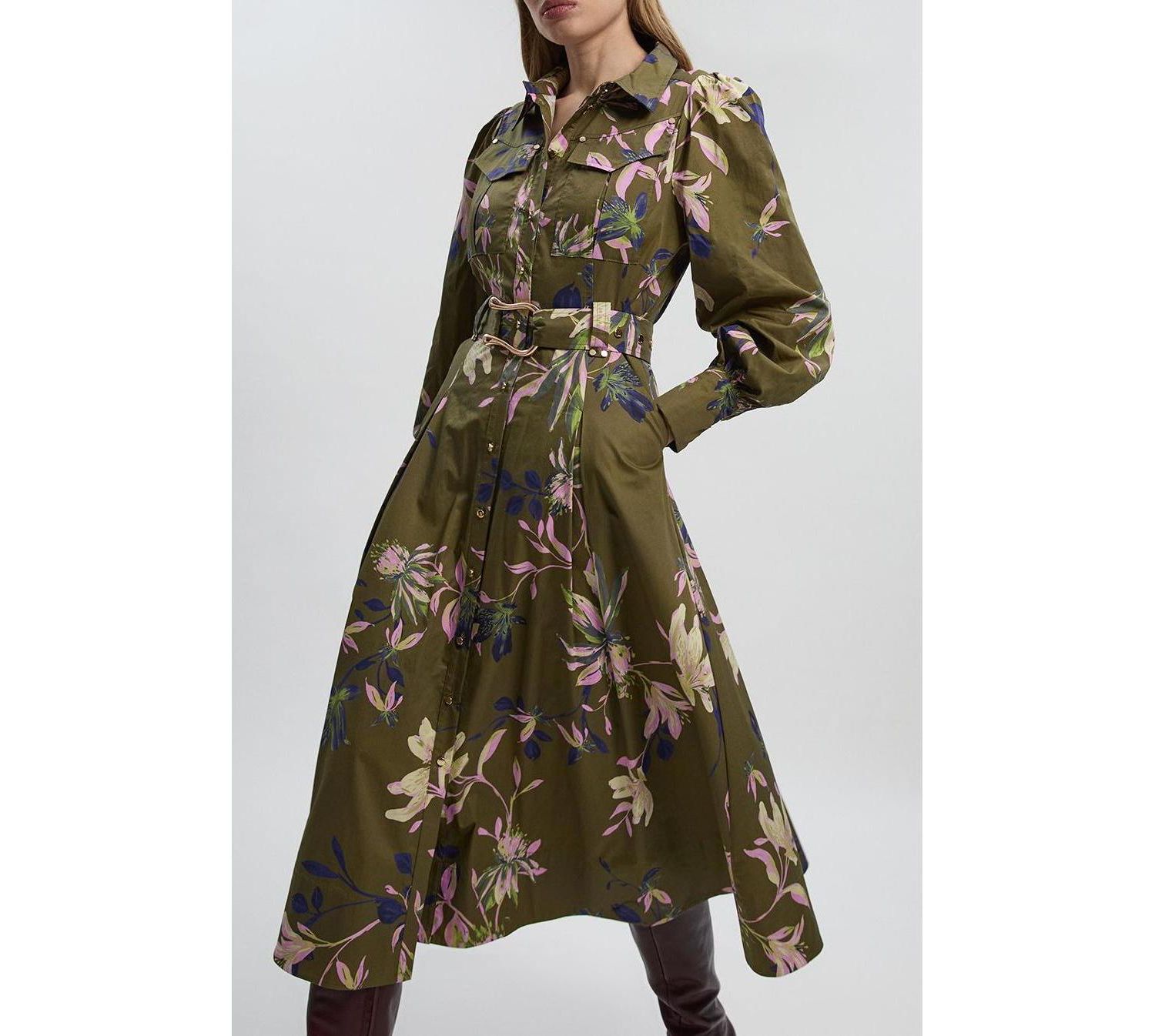 Women's Floral Cotton Sateen Midi Shirt Dress