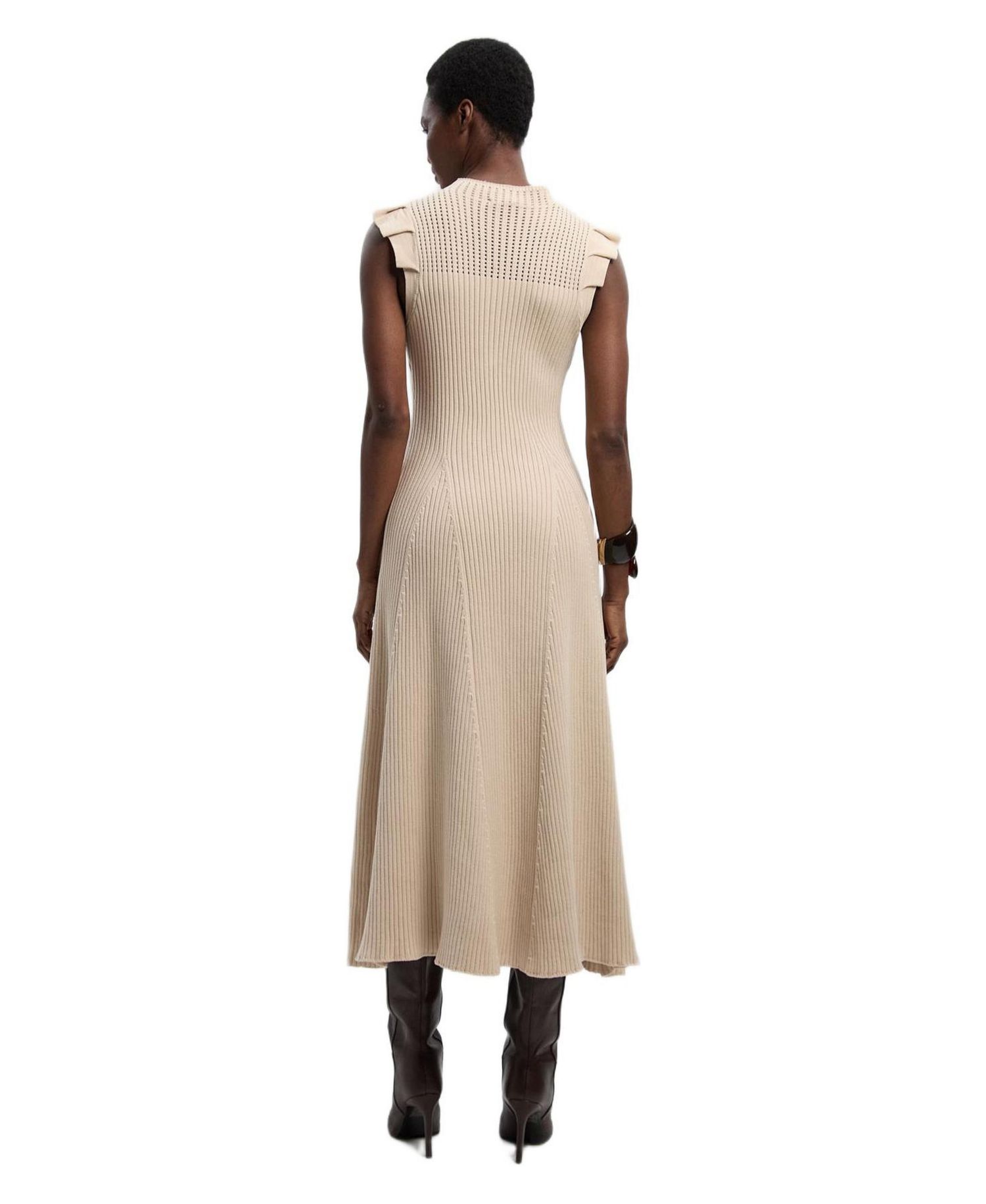Women's Pointelle Frill Sleeve Knit Midi Dress