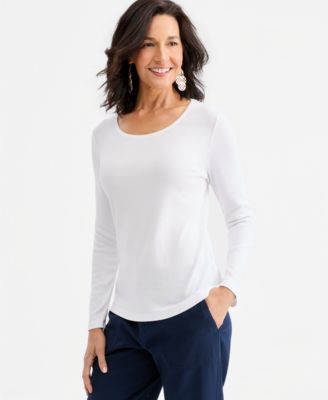 Style & Co - Women's Cotton Long-Sleeve Scoop-Neck Top Bright White