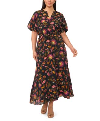 Plus Size V-Neck Puff-Sleeve Self-Tie Waist Maxi Dress