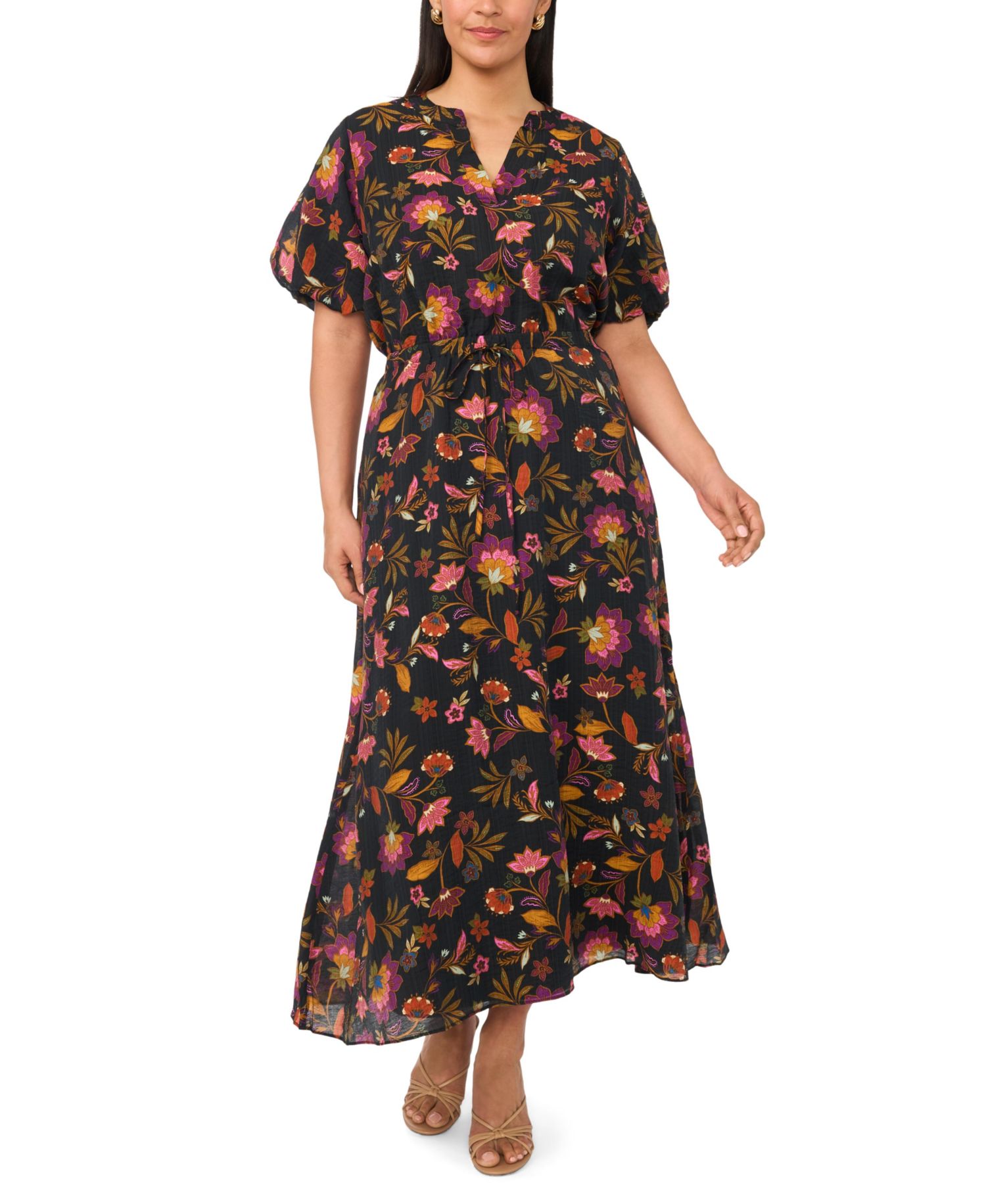 Plus Size V-Neck Puff-Sleeve Self-Tie Waist Maxi Dress