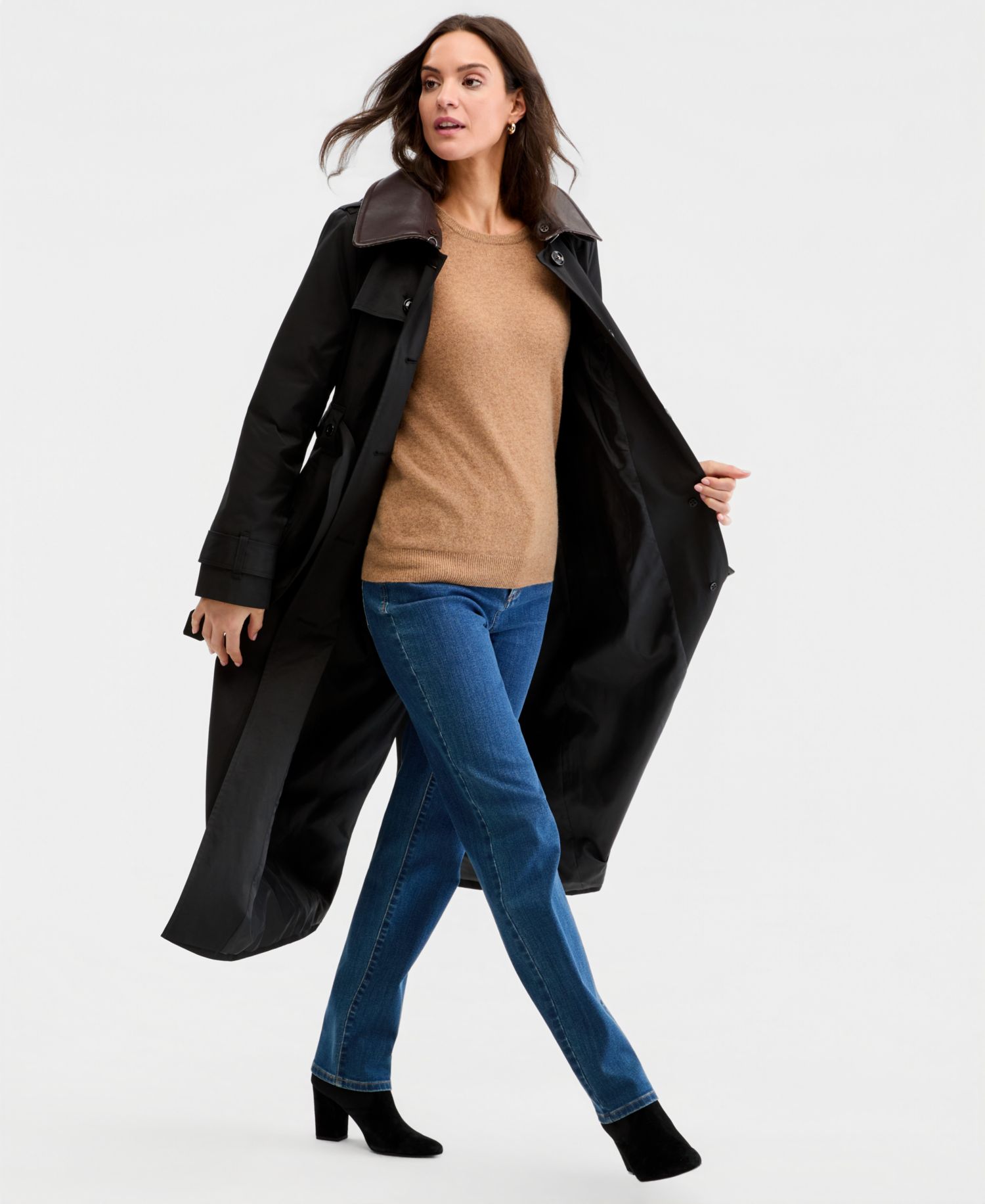 Women's Faux-Leather-Collar Maxi Trench Coat