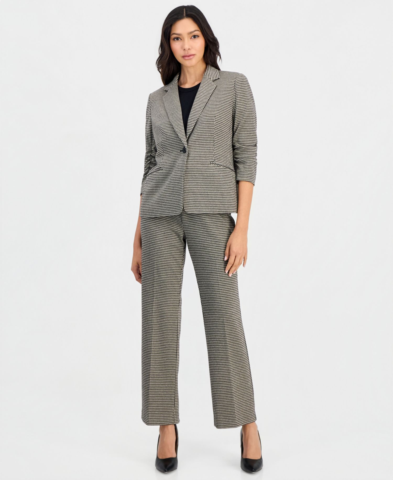 Petite Houndstooth Pull-On Mid-Rise Trouser, 28-1/2" Inseam