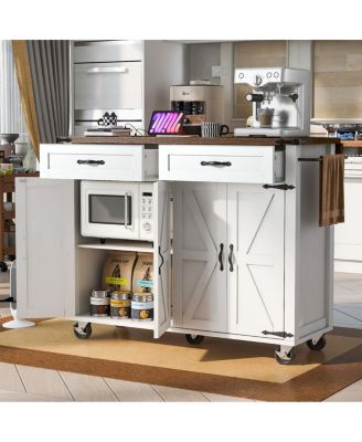 Farmhouse Kitchen Island with Drop Leaf, Power Outlet, and Storage