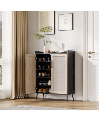 Modern Rattan Dresser Shoe Cabinet - 5-Tier Adjustable Shelves and Doors - Freestanding Storage Organizer for Entryway, Bedroom, Living Room