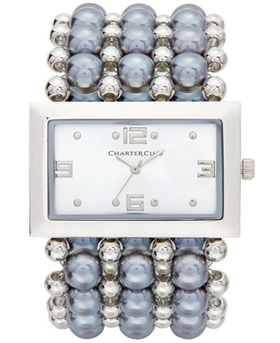 Charter Club Women's Silver-Tone Imitation Pearl Stretch Bracelet Watch 40mm, Only at Macy's