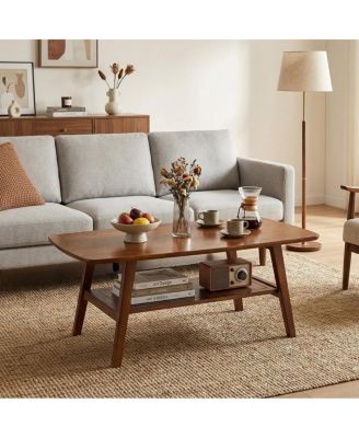 Mid-Century Modern Solid Oak 2-Tier Coffee Table with Storage Shelf
