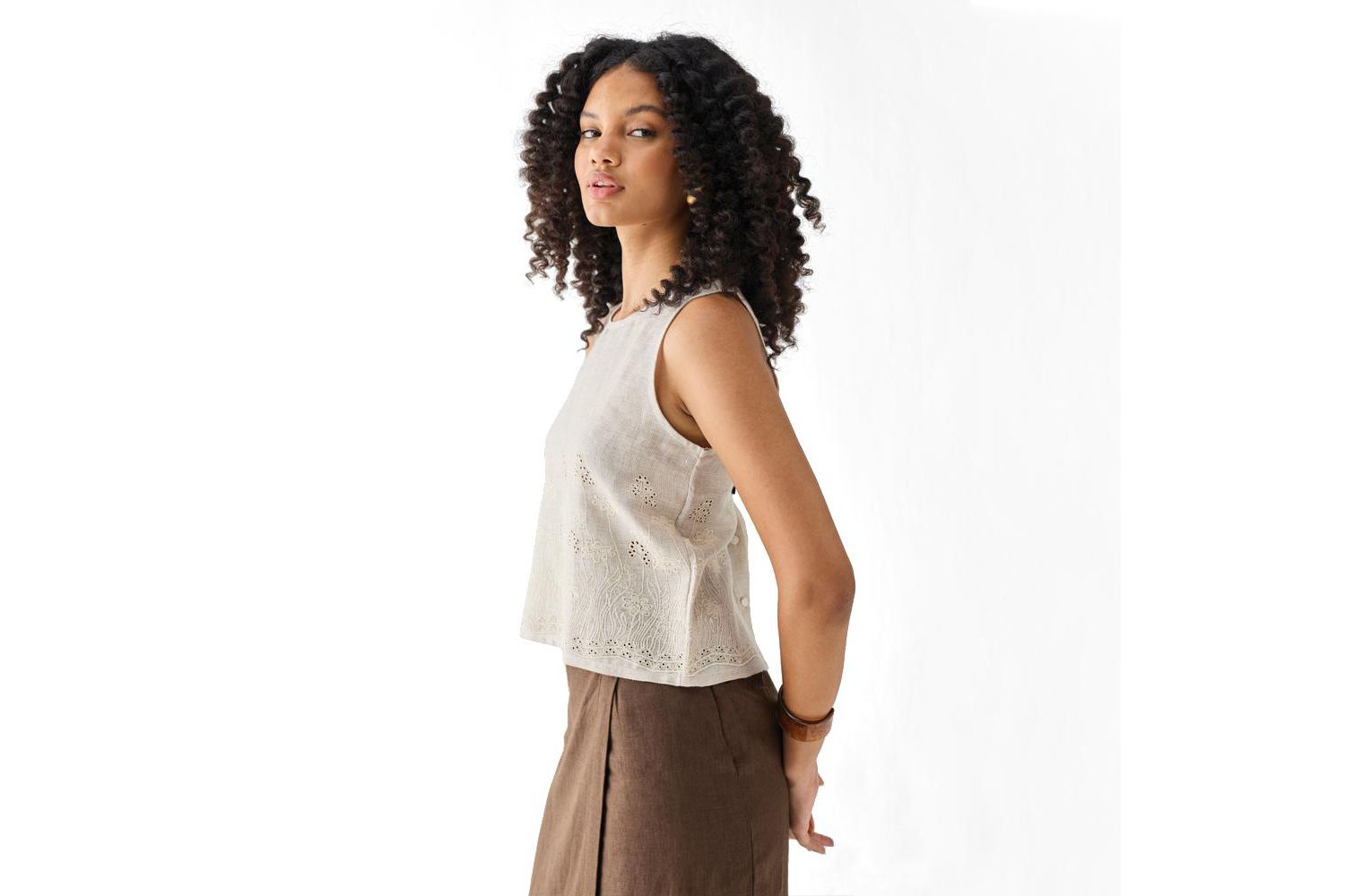 Women's Checkered Linen Embroidered Button-Back Top