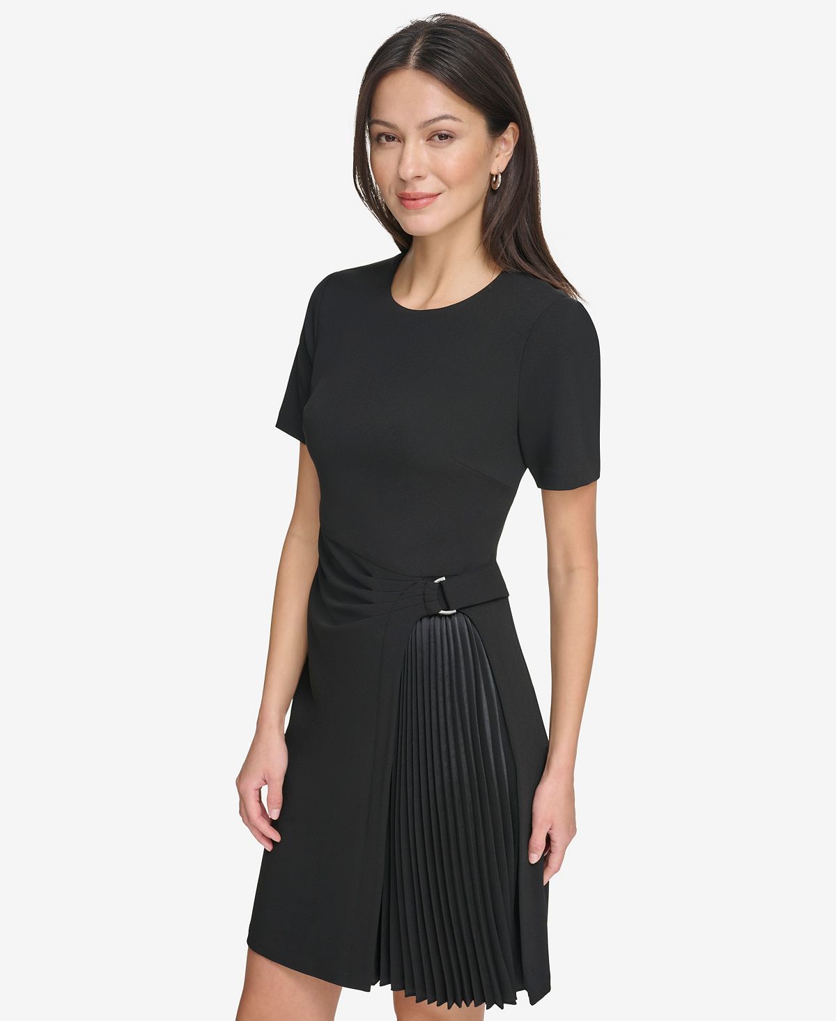 DKNY Petite Jewel Neck Asymmetric Pleated Skirt Dress view 3 — MAYCSS fashion products