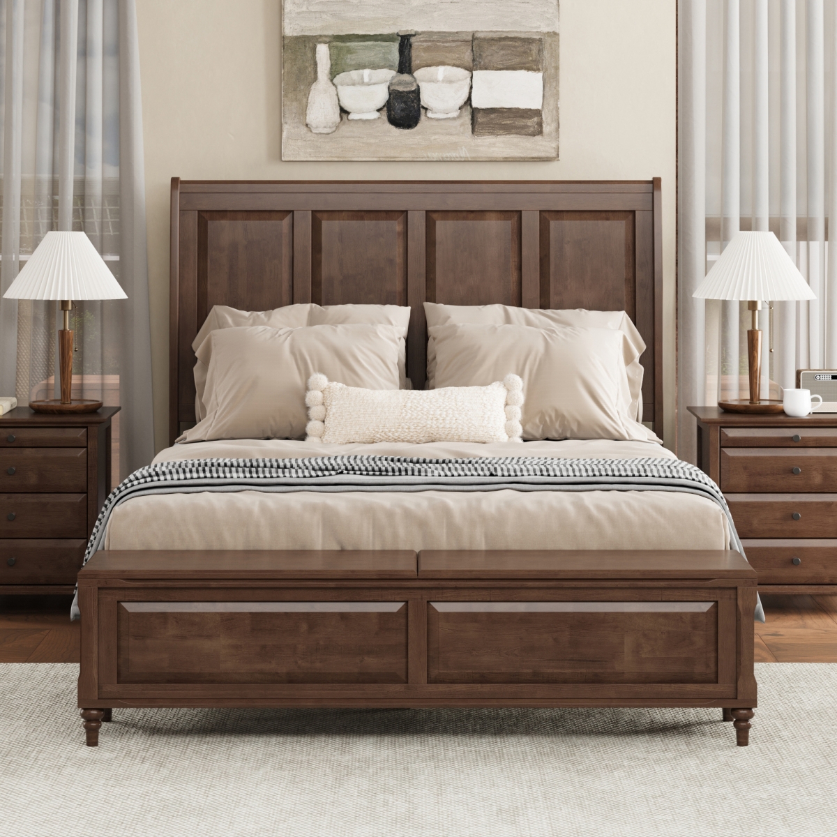 Streamdale Furniture Sleigh Bed Frame with Tall Headboard and 64" Storage Bench