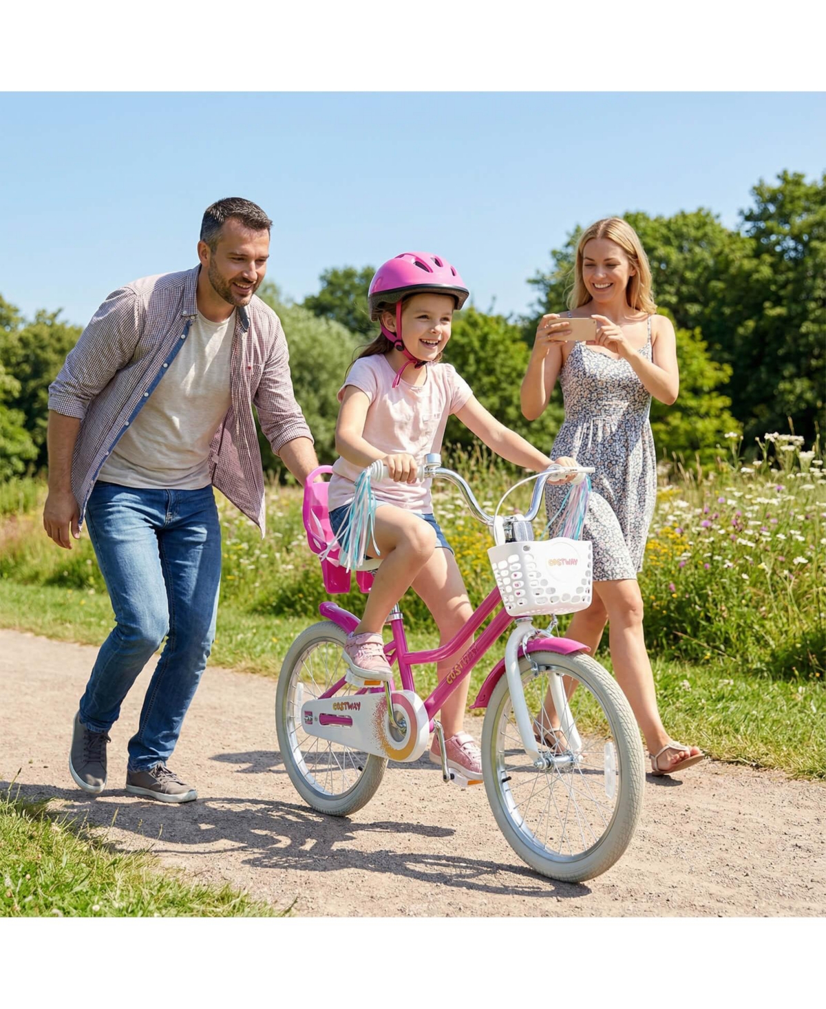 Costway Girls Bike, 20" Kids Bicycle with Basket, Doll Seat, Colorful Streamers, Reflectors