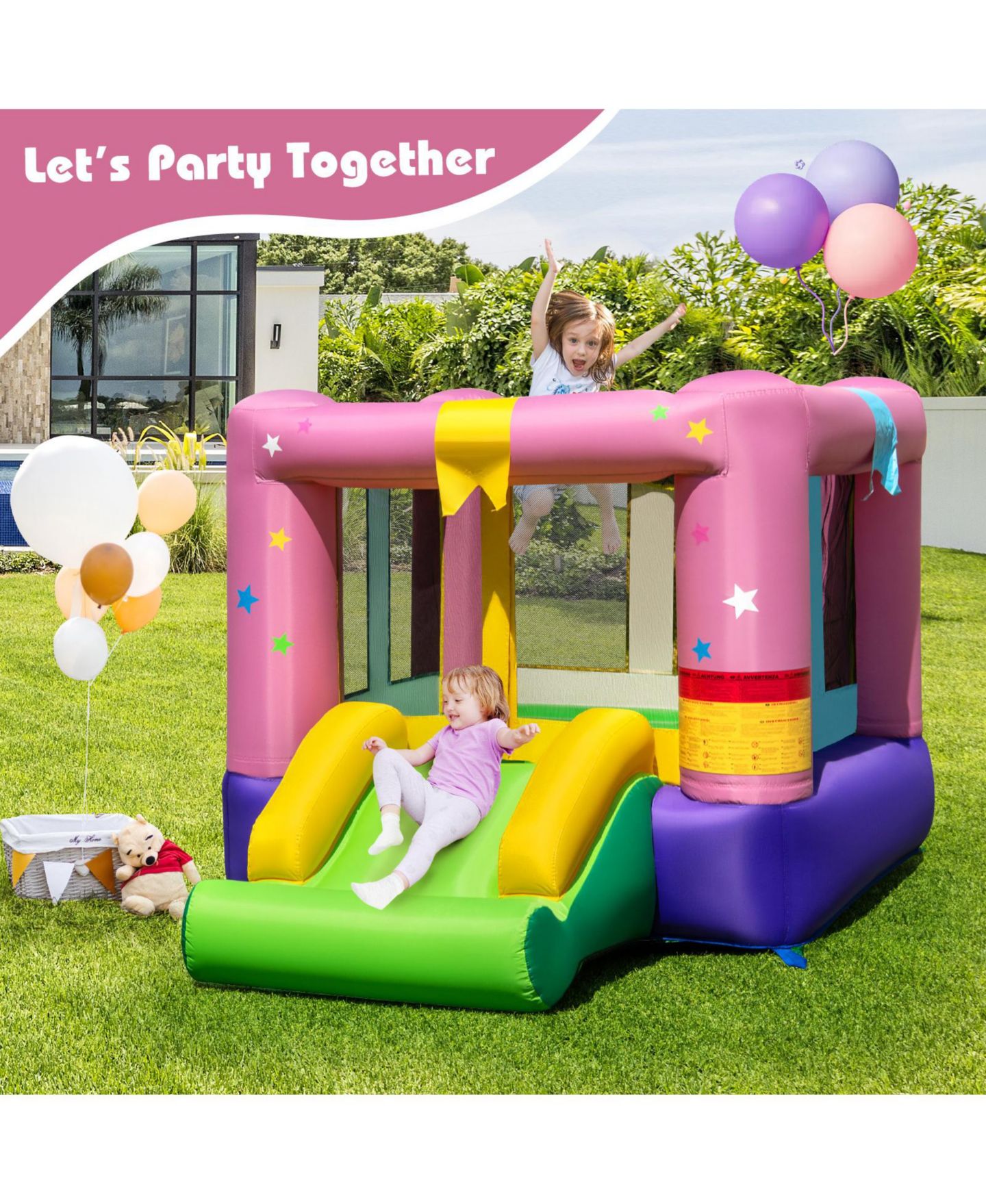 Детская игрушка Slickblue Party Inflatable Bounce House with Slide and 480W Blower, For up to 2 Players, Ages 3-12, цвет: Разноцветный — фото 2