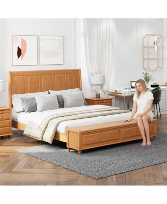 Bed Frame with Tall Headboard, Storage Bench, and Wood Sleigh Design