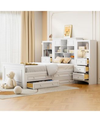 Wood Platform Bed with Vertical Cabinet and 8 Drawers