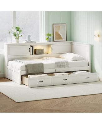 L-Shaped Twin Bed Frame with Storage, Bookcase, LED and USB