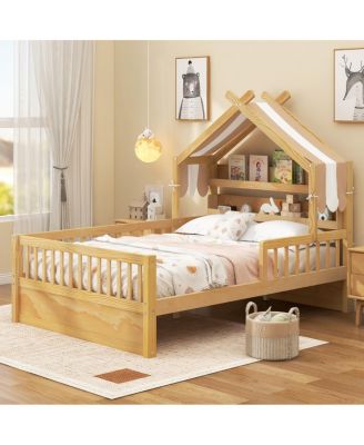 Wooden House Bed with Storage Headboard Shelf