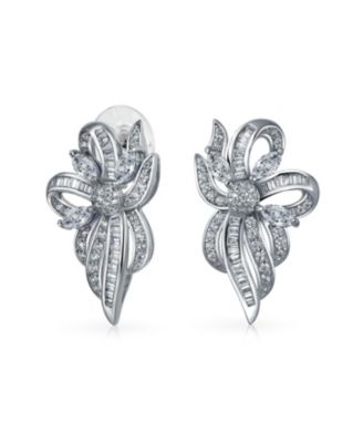 Vintage Style White Ribbon Bow Drop Stud Earrings CZ Silver Plated