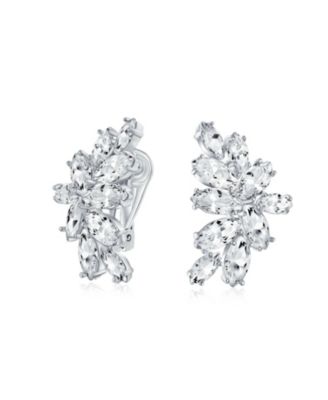 Cocktail Marquise Cubic Zirconia CZ Clusters Leaf Clip On Earrings Non Pierced Ears Silver Plated
