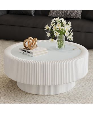 31.5" Fluted Round Leather and Glass Coffee Table with Hidden Storage