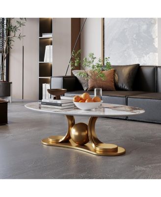 Gold Metal Coffee Table with Stainless Steel Pedestal and Faux Marble Top