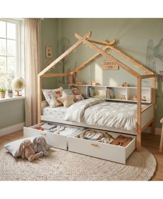 Wooden House Bed with Two Drawers and Bookshelf Storage