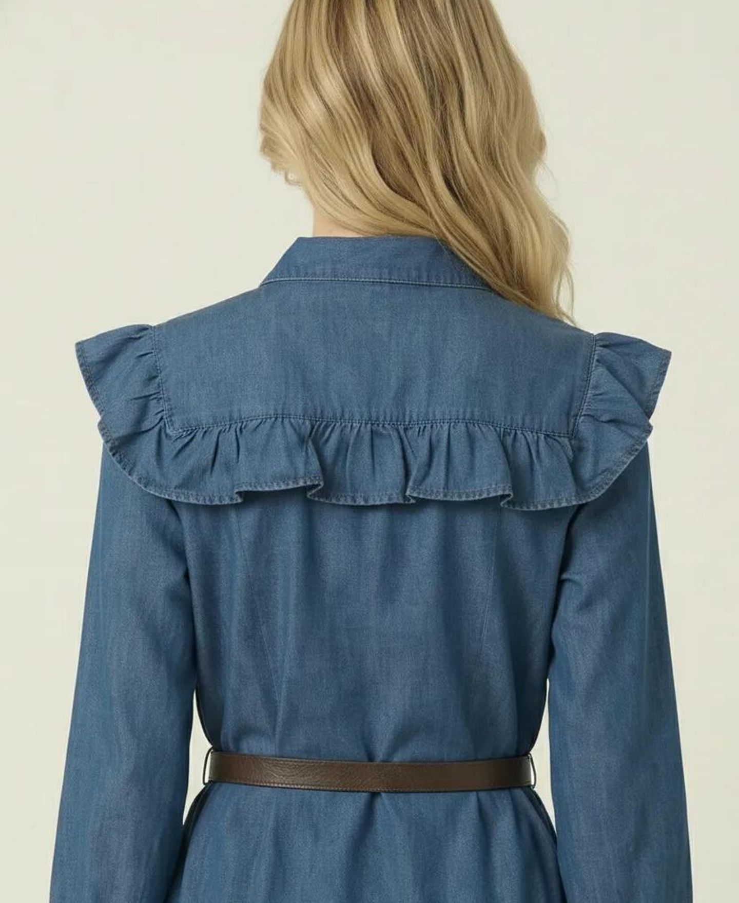 Женское платье Modenaire Ruffled-Collar Belted Shirt Dress, цвет: Средняя варка синий — фото 5