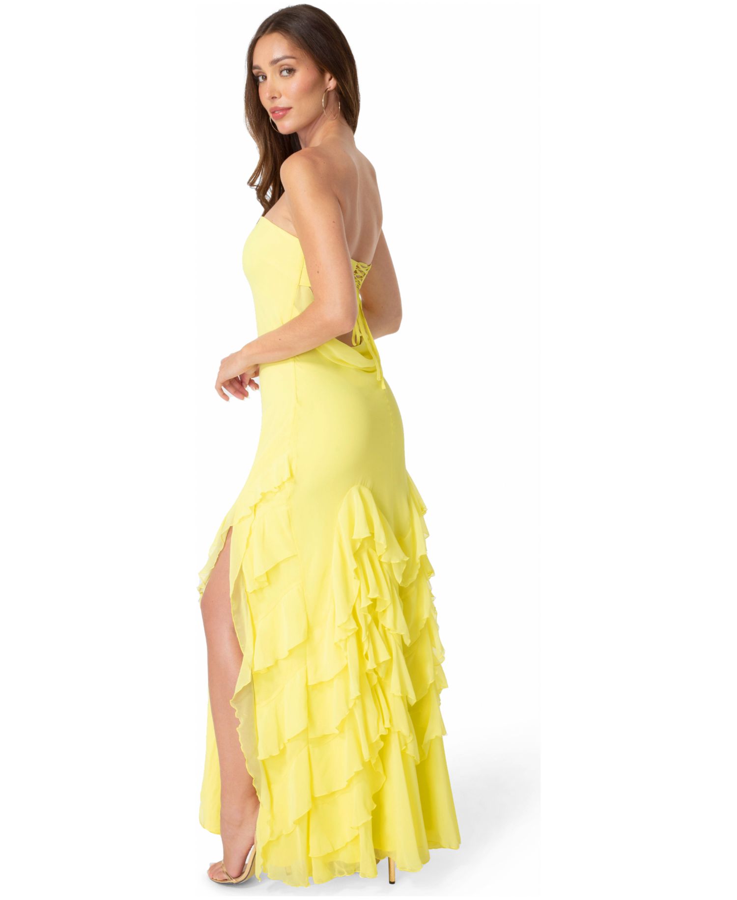 Women's Strapless Cascade Ruffle Chiffon Maxi Dress
