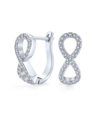 Cubic Zirconia Pave CZ Love Knot Infinity Huggie Earrings Hinge Closure .925 Sterling Silver