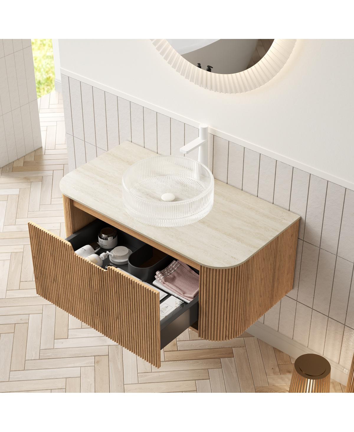 Sillysis Wall Mounted Bathroom Vanity with Crystal Glass Round Sink, Wood Grain Cabinet, Sintered Stone Top