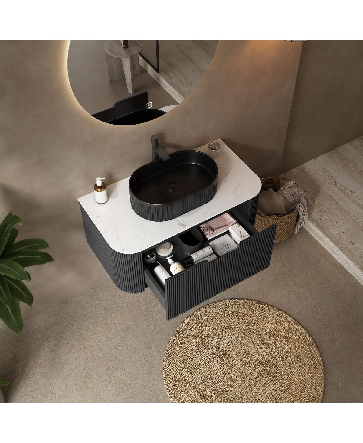 Sillysis Wall Mounted Bathroom Vanity with Sintered Stone Top, Oval Ceramic Sink, Striped Drawer Panel
