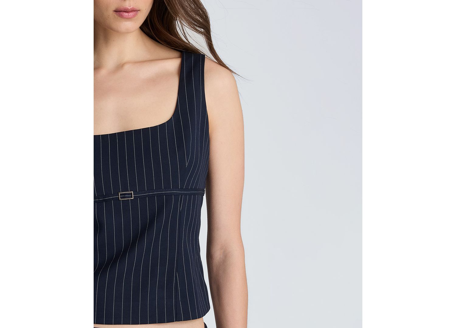 Women's Fitted Belted Empire Waist Pinstripe Bodice