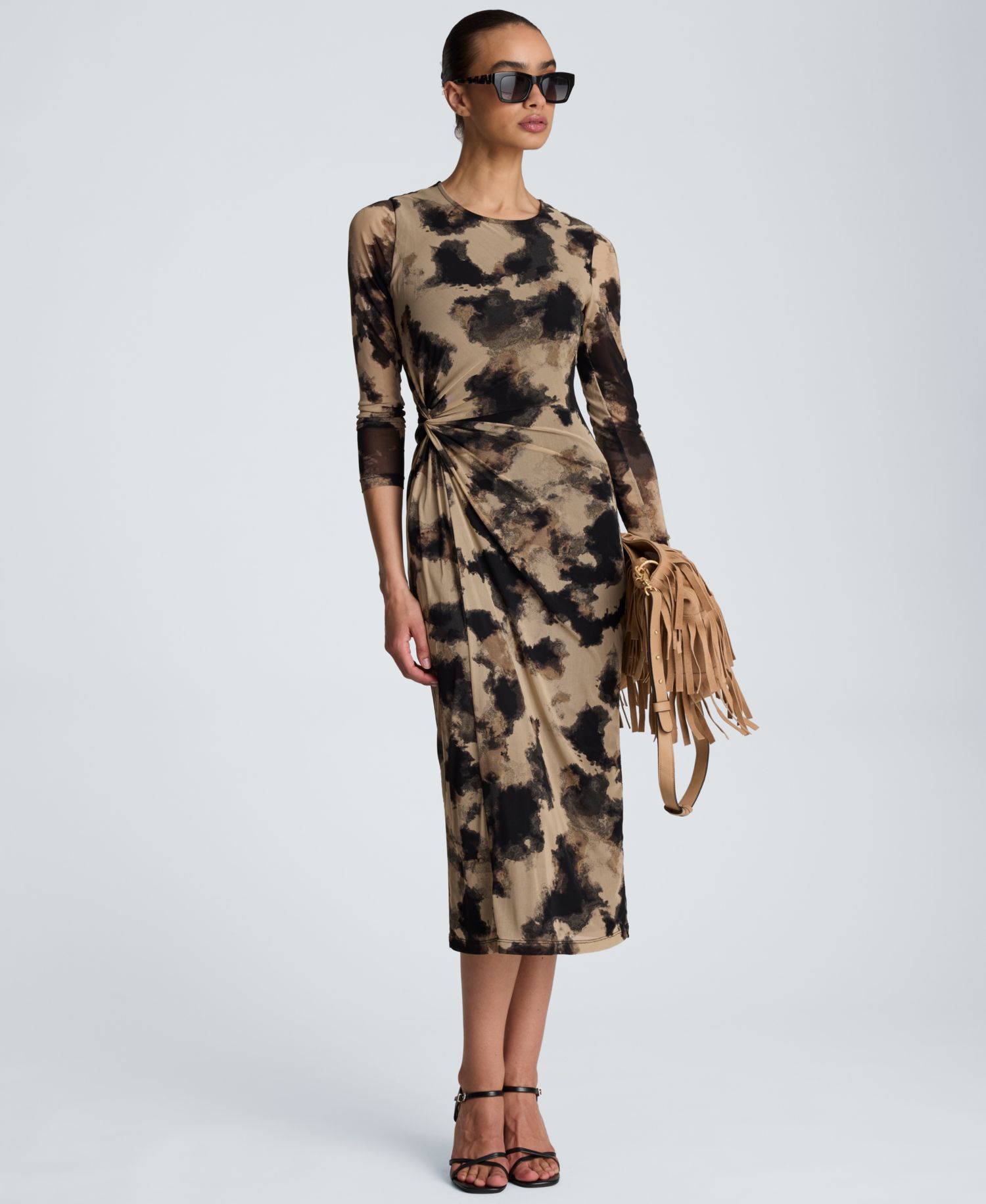 Women's Knot Front Printed Mesh Midi Dress