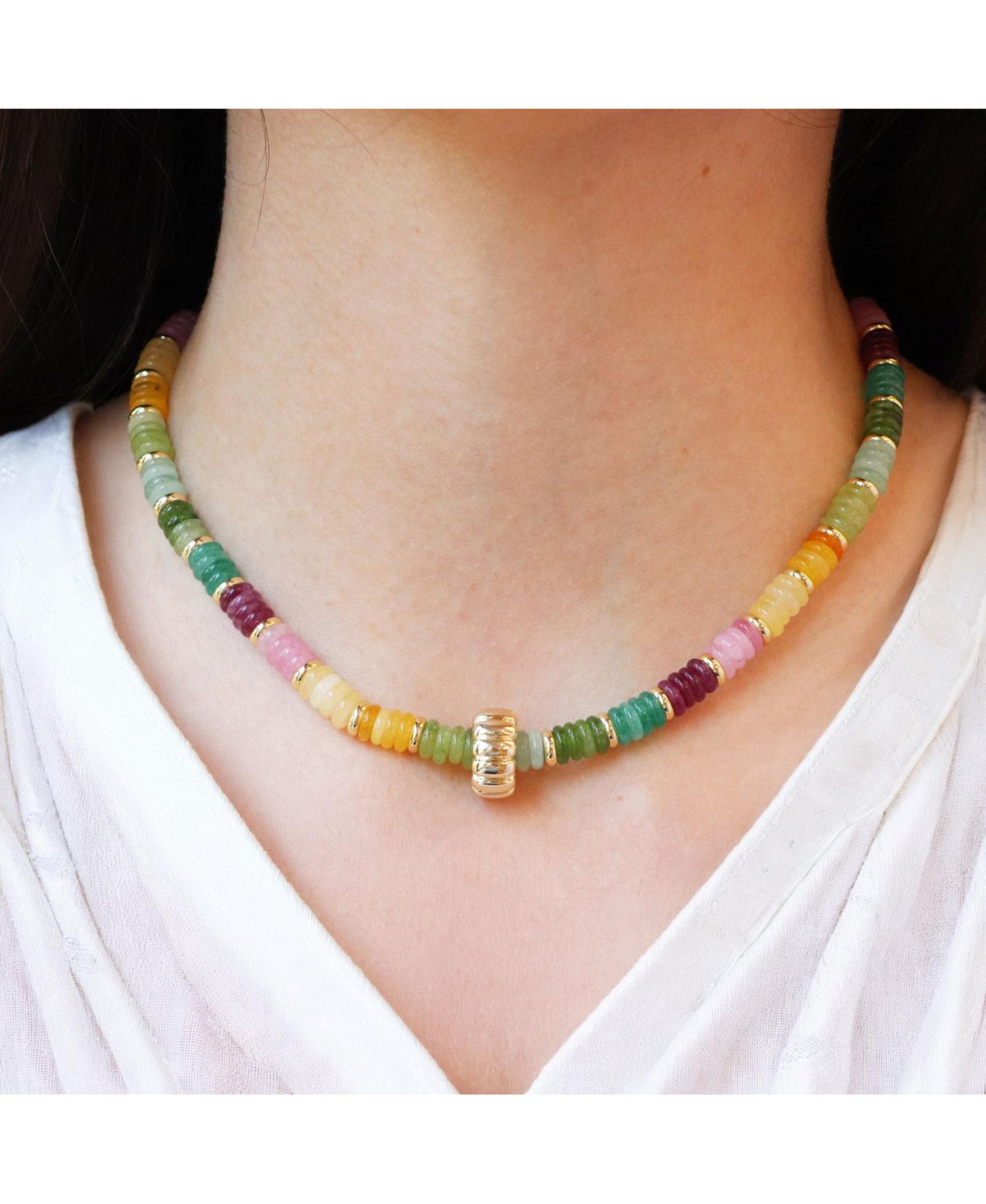 Rainbow Bead Rondel Necklace 18K Gold Plated Over Brass