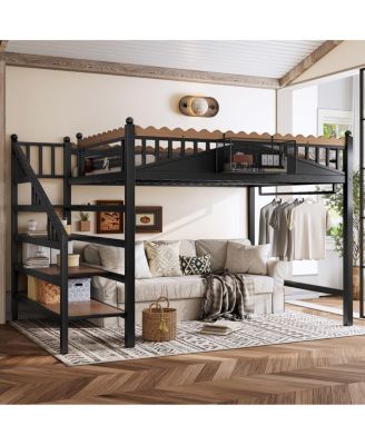 Queen Size Metal Loft Bed with Storage Stairs and Bookshelf