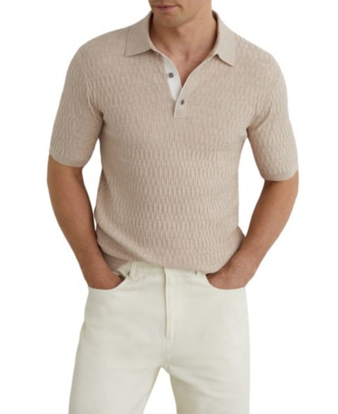 Мужское поло REISS Era Textured-Knit Half-Button Polo Shirt, цвет: Овсяный коричневый
