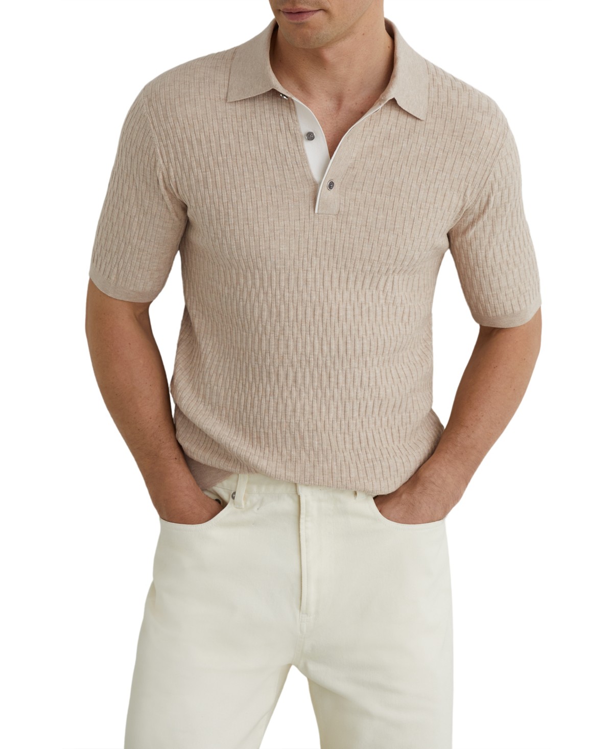 Мужские рубашки REISS Men's Era Textured-Knit Half-Button Polo Shirt — фото 1