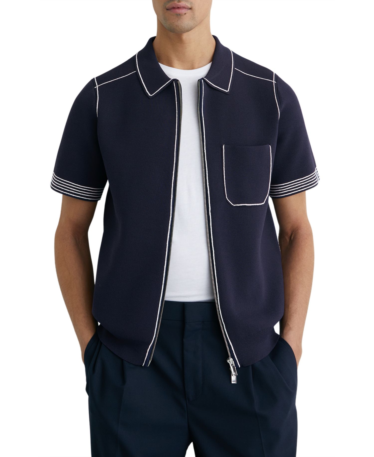 Men's Blake Stitch-Detail Zip-Through Knit Shirt