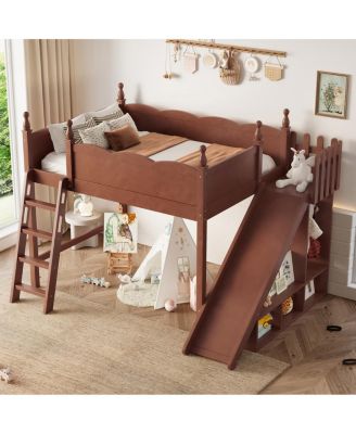 Solid Wood Loft Bed with Storage, Wardrobe, and Slide,