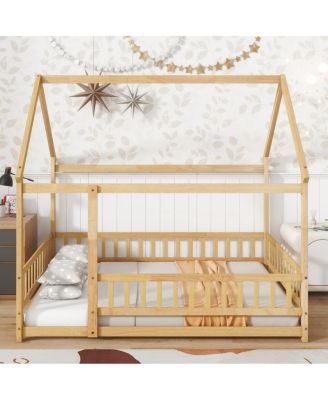 Full Size House Floor Wooden Bed with Roof Frame, Safety Guardrails
