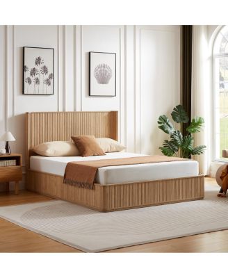Oak Corrugated Wave Queen Platform Bed Frame, Headboard